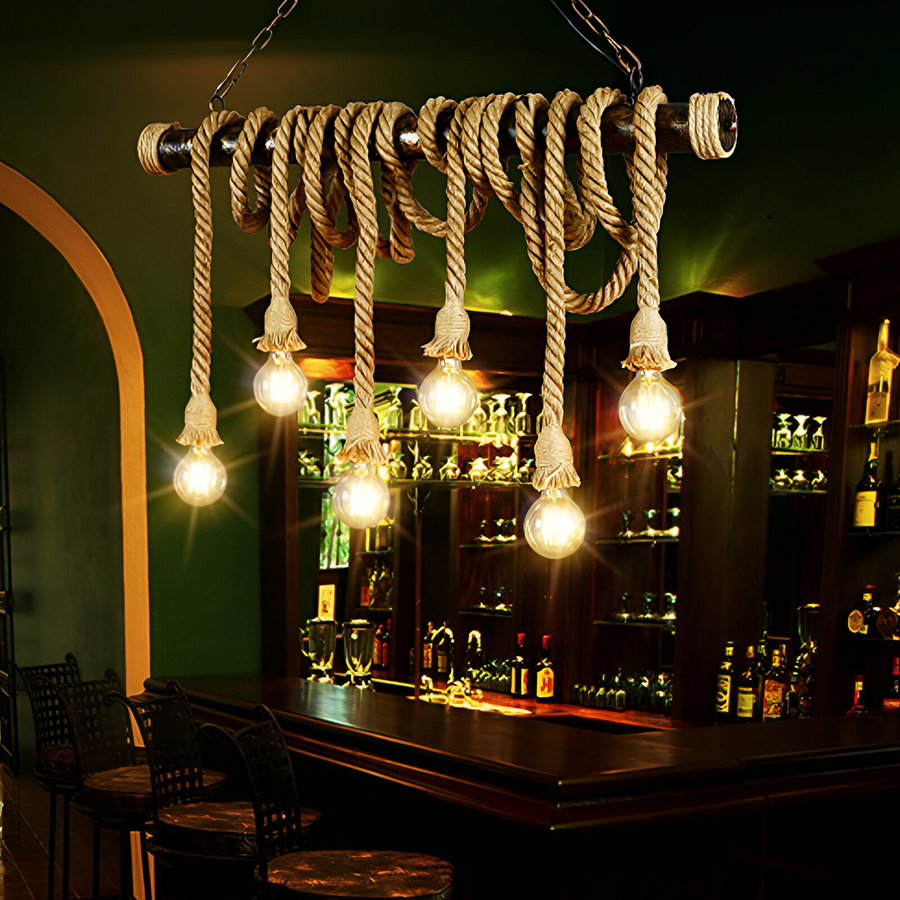 Vintage lustr s pedro lanem, 6 x E27 uzavřené dřevo