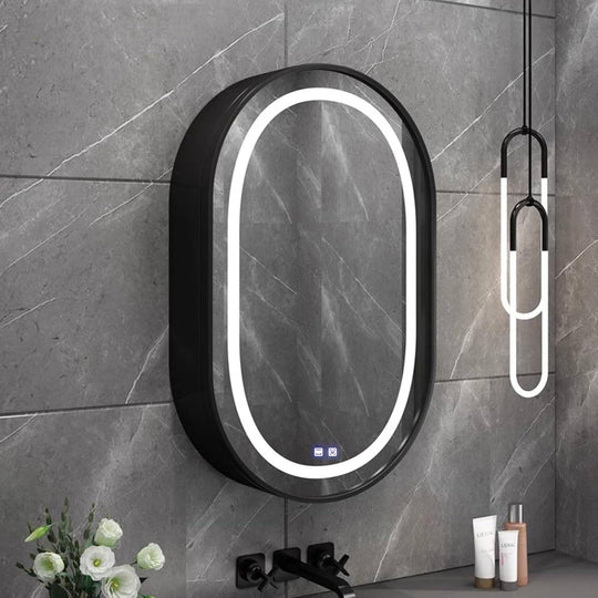 LED zrcadlo se skříňkou, oválné, 50x80 cm, odmlžování, studené/teplé/neutrální světlo, černý rám, úložný prostor Zrcadla skříněk Výchozí název Alessandro Design
