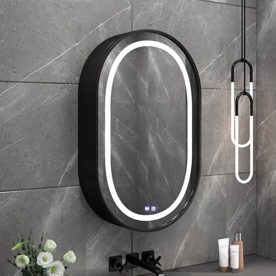 LED zrcadlo se skříňkou, oválné, 50x80 cm, odmlžování, studené/teplé/neutrální světlo, černý rám, úložný prostor