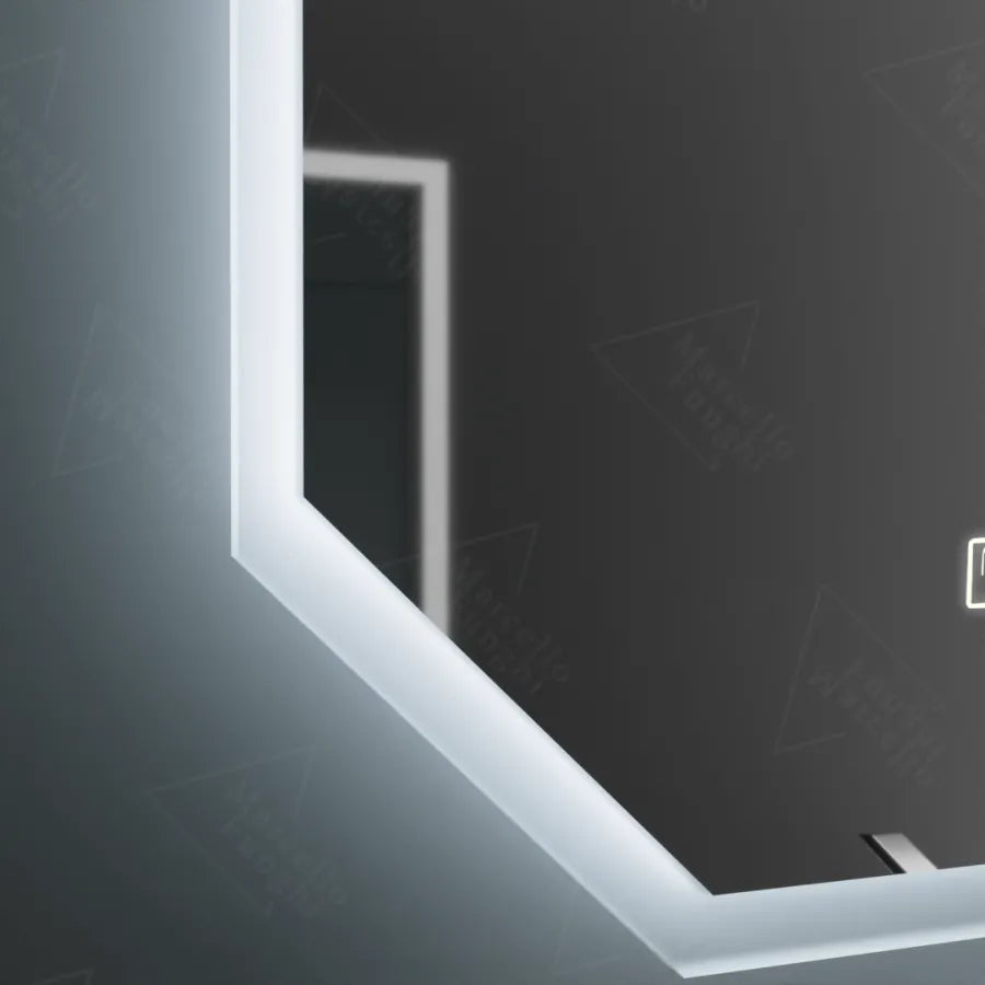 Polygonové LED zrcadlo, 60X80cm, senzor Hexaluce MotionGlow Marcello, systém odmlžování, hodiny a teploměr, stmívatelné