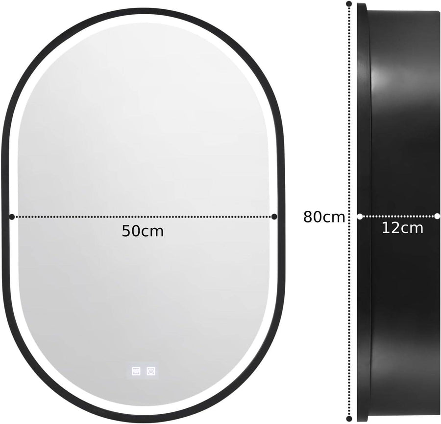 LED zrcadlo se skříňkou, oválné, 50x80 cm, odmlžování, studené/teplé/neutrální světlo, černý rám, úložný prostor