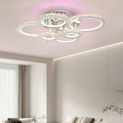 LED lustr s dálkovým ovládáním a krystalem NOVA ROTONDA RGB 152W, 6 kruhů, Studené/Teplé/Neutrální světlo, Stmívatelné, Lesklý chrom