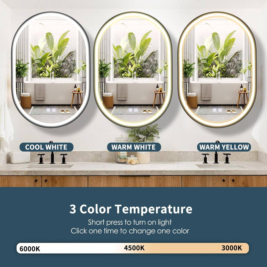 LED zrcadlo se skříňkou, oválné, 50x80 cm, odmlžování, studené/teplé/neutrální světlo, černý rám, úložný prostor