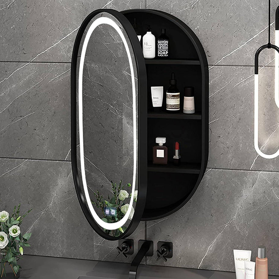 LED zrcadlo se skříňkou, oválné, 50x80 cm, odmlžování, studené/teplé/neutrální světlo, černý rám, úložný prostor
