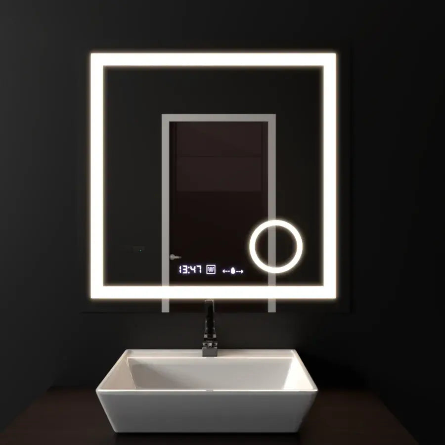 Obdélníkové LED zrcadlo, 60x60cm, Souverain MotionGlow Marcello, Demister System, Hodiny & Teploměr, Kosmetická lupa, Stmívatelné
