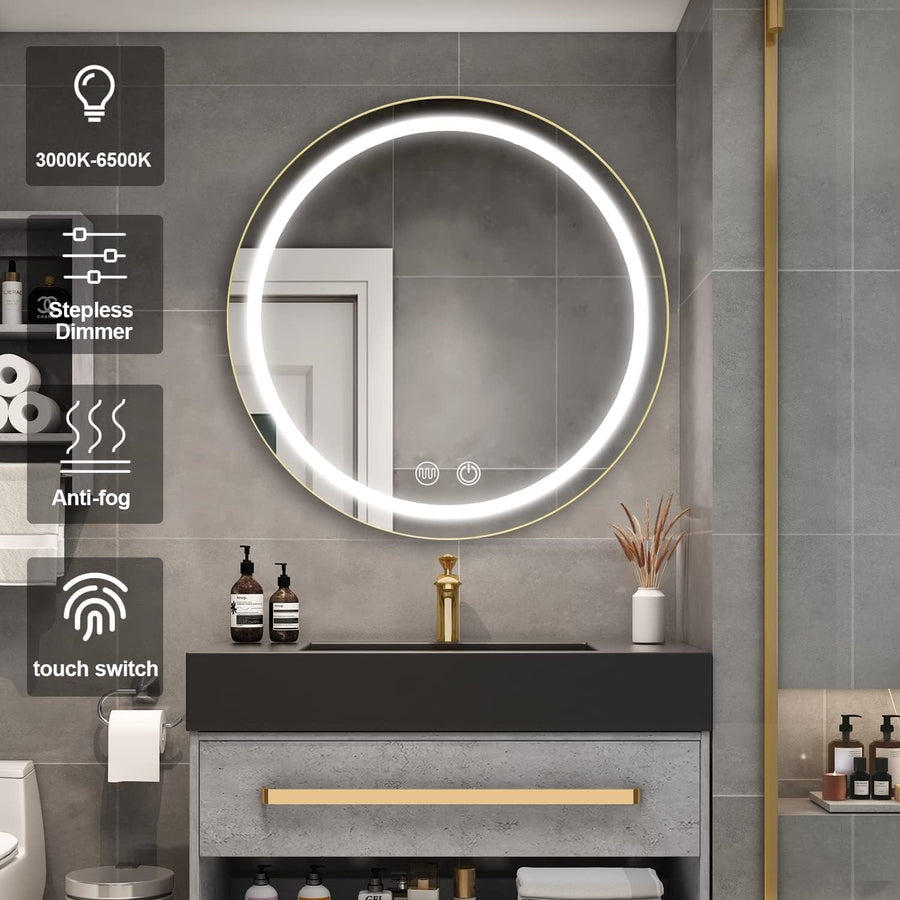 LED zrcadlo se skříňkou, kulaté, 50x50 cm, odmlžování, studené/teplé/neutrální světlo, černý rám, úložný prostor
