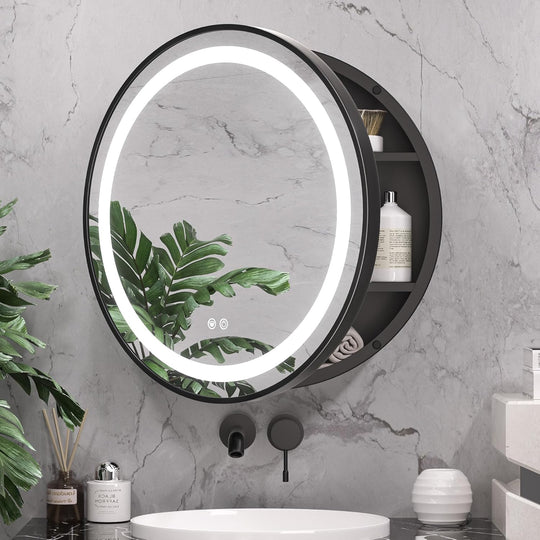 LED zrcadlo se skříňkou, kulaté, 10W, 50x50cm, odmlžování, černý rám, úložný prostor Zrcadla skříněk Výchozí název Alessandro Design