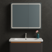 LED zrcadlo s koupelnovou skříňkou a závěsným umyvadlem, 80x60 cm, moderní design, integrované osvětlení