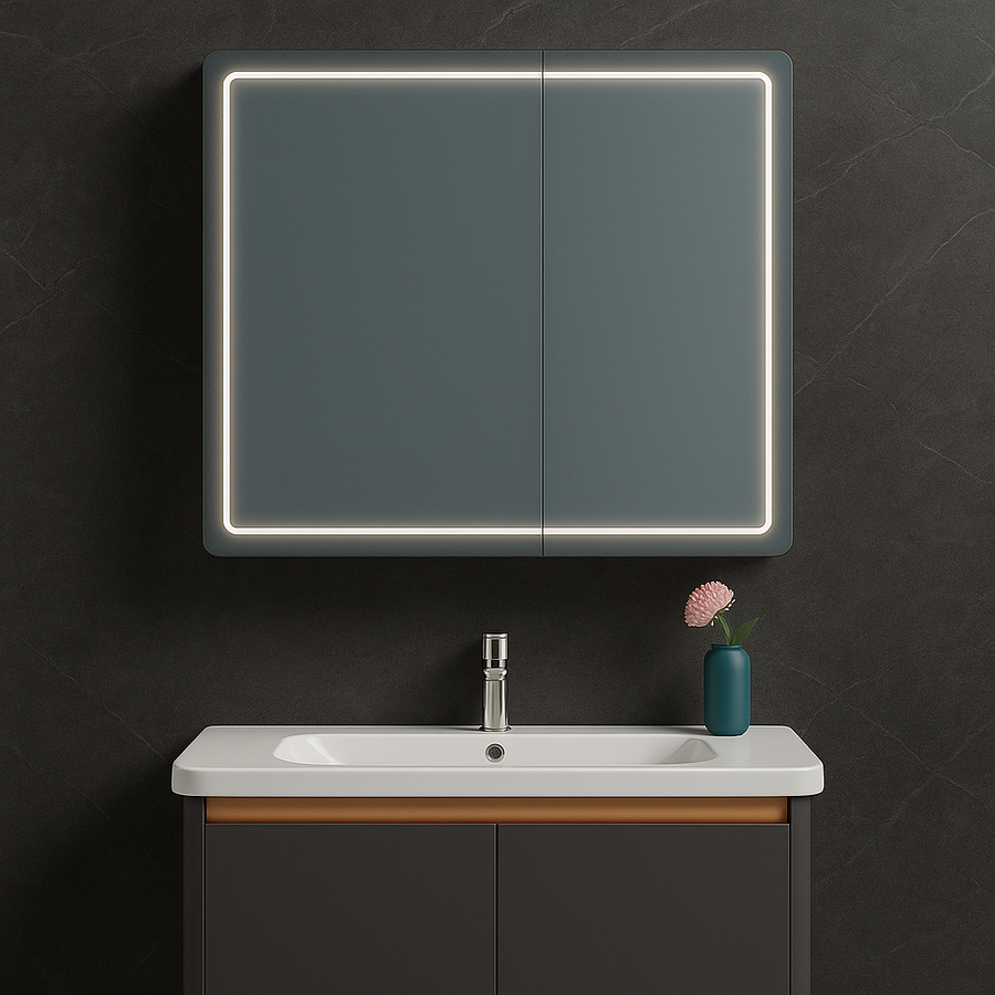 LED zrcadlo s koupelnovou skříňkou a závěsným umyvadlem, 80x60 cm, moderní design, integrované osvětlení