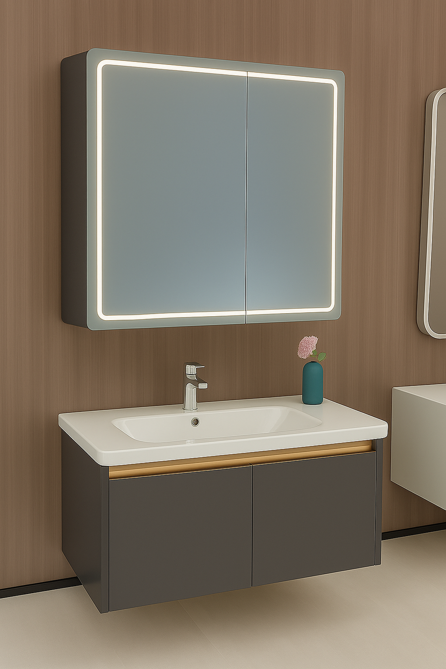 LED zrcadlo s koupelnovou skříňkou a závěsným umyvadlem, 80x60 cm, moderní design, integrované osvětlení