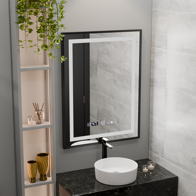 Obdélníkové LED zrcadlo, 60x80cm, Verite Majeste Noir Motion Glow Marcello, Demister System, Hodiny & Teploměr, Stmívatelné