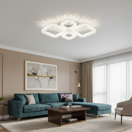 LED lustr MOND Elegance s dálkovým ovládáním a krystalem, 72W, 4 čtverce, studené/teplé/neutrální světlo, stmívatelný, bílý