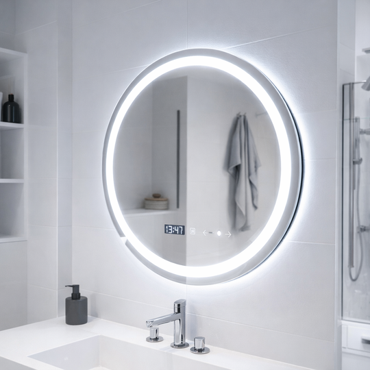 Kulaté LED zrcadlo, 70 cm, Celeste MotionGlow Marcello, Demister System, Hodiny a teploměr, Stmívatelné, Teplé Neutrální Studené světlo 3000K/4000K/6000K Zrcadla Marcello Výchozí název Alessandro Design