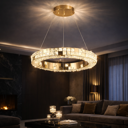 LED lustr s dálkovým ovládáním, LLC135/1GD, křišťál a kov, 29W, 1 kruh, stmívatelný, nastavitelná výška, studené/teplé/neutrální světlo, luxusní osvětlení LED lustry s dálkovým ovládáním Výchozí název Alessandro Design