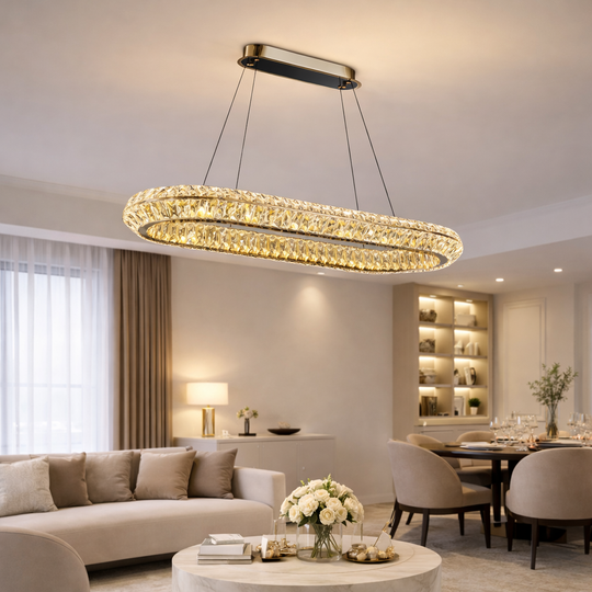 LED lustr s dálkovým ovládáním, LLC132/900X300GD, křišťál a kov, 39W, 1 kruh, stmívatelný, nastavitelná výška, studené/teplé/neutrální světlo, luxusní osvětlení LED lustry s dálkovým ovládáním Výchozí název Alessandro Design