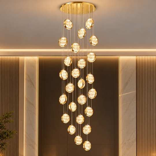 Křišťálový lustr FRAME LED s dálkovým ovládáním, závěsný, 30 zdrojů, 90 W, průměr 60 cm, nastavitelná výška, zlato, kov a krystal