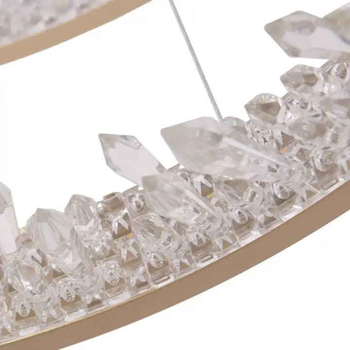 Závěsný LED lustr s dálkovým ovládáním, K9 Crystals, 67W, 2 kruhy, 60 cm, Studené/Teplé/Neutrální světlo, Stmívatelné, Zlaté, Výškově nastavitelné