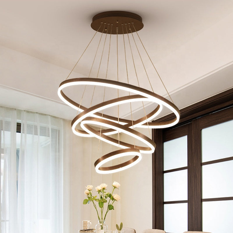 Závěsný LED lustr s dálkovým ovládáním CASIANA 130W, 4 kruhy, studené/teplé/neutrální světlo, stmívatelný, černý, výškově nastavitelný