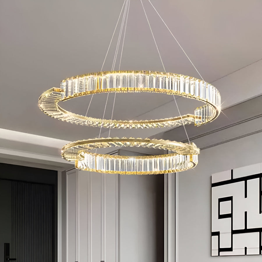 Závěsný LED lustr s dálkovým ovládáním a krystalem PRISM REGAL 200W, 2 kruhy, studené/teplé/neutrální světlo, stmívatelný, zlatý, výškově nastavitelný