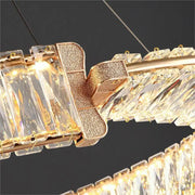Závěsný LED lustr s dálkovým ovládáním a krystalem PRISM REGAL 200W, 2 kruhy, studené/teplé/neutrální světlo, stmívatelný, zlatý, výškově nastavitelný