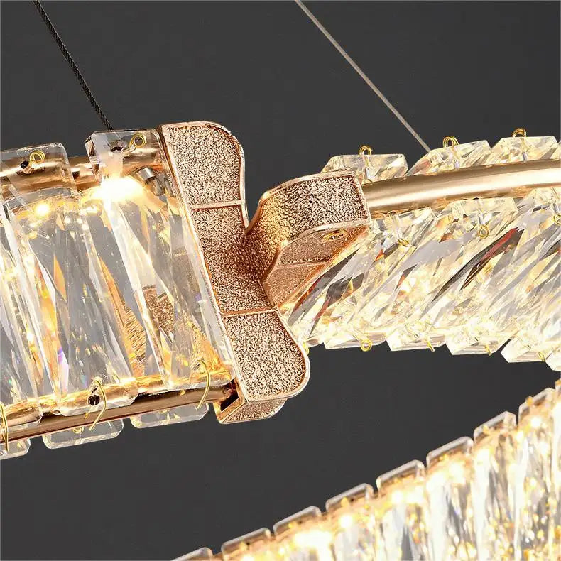 Závěsný LED lustr s dálkovým ovládáním a krystalem PRISM REGAL 200W, 2 kruhy, studené/teplé/neutrální světlo, stmívatelný, zlatý, výškově nastavitelný