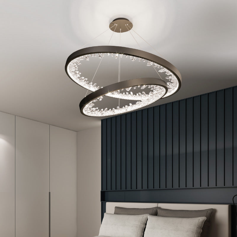 Závěsný LED lustr s dálkovým ovládáním, K9 Crystals, 67W, 2 kruhy, 60 cm, Studené/Teplé/Neutrální světlo, Stmívatelné, Černá, Výškově nastavitelné