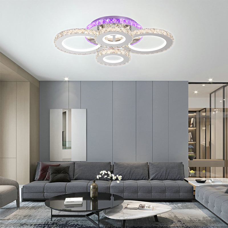 LED lustr s dálkovým ovládáním a krystalem NOVA ROTONDA RGB 72W, 4 kruhy, studené/teplé/neutrální světlo, stmívatelné
