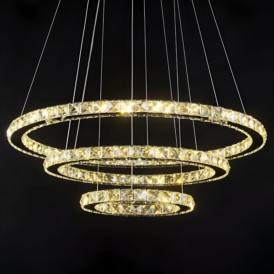 Závěsný LED lustr s dálkovým ovládáním a krystalem PRISM LUMINIS 78W, 3 kruhy, Studené/Teplé/Neutrální světlo, Stmívatelné, Stříbrné, Výškově nastavitelné