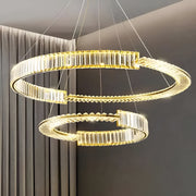 Závěsný LED lustr s dálkovým ovládáním a krystalem PRISM REGAL 200W, 2 kruhy, studené/teplé/neutrální světlo, stmívatelný, zlatý, výškově nastavitelný