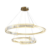 Závěsný LED lustr s dálkovým ovládáním a krystalem PRISM REGAL 200W, 2 kruhy, studené/teplé/neutrální světlo, stmívatelný, zlatý, výškově nastavitelný