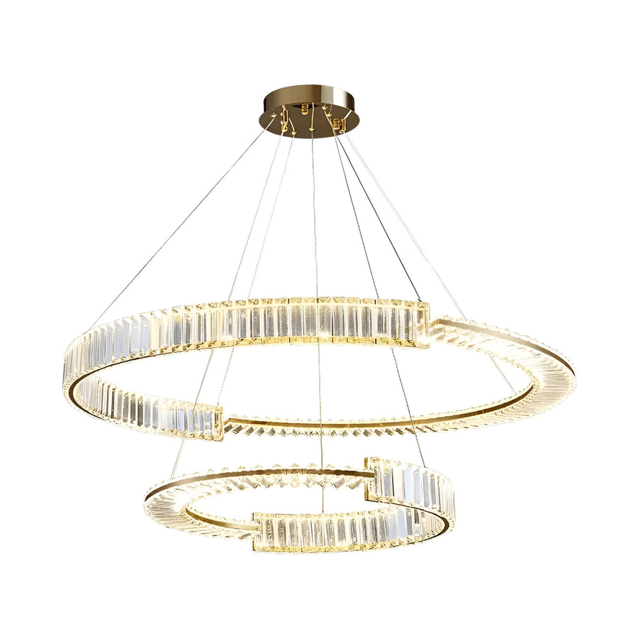 Závěsný LED lustr s dálkovým ovládáním a krystalem PRISM REGAL 200W, 2 kruhy, studené/teplé/neutrální světlo, stmívatelný, zlatý, výškově nastavitelný