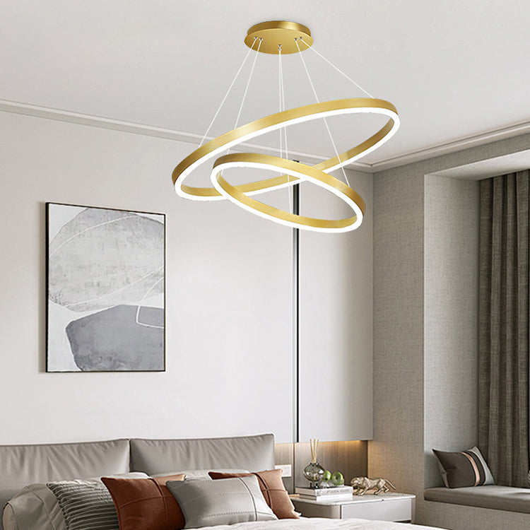 Závěsný LED lustr s dálkovým ovládáním CHRISTINE, 42W, 2 kruhy, Studené/Teplé/Neutrální světlo, Stmívatelné, Lesklý zlatý, Nastavitelná výška