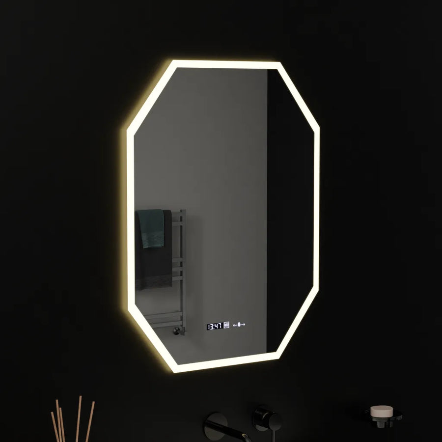 Polygonové LED zrcadlo, 60X80cm, senzor Hexaluce MotionGlow Marcello, systém odmlžování, hodiny a teploměr, stmívatelné