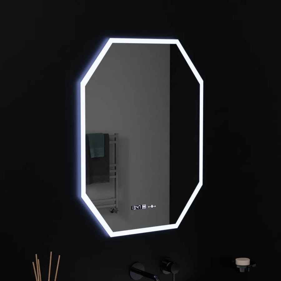 Polygonové LED zrcadlo, 60X80cm, senzor Hexaluce MotionGlow Marcello, systém odmlžování, hodiny a teploměr, stmívatelné