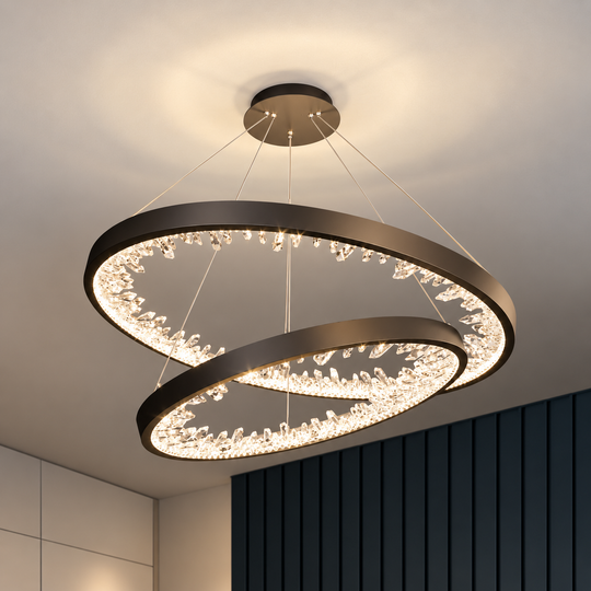 Závěsný LED lustr s dálkovým ovládáním, 73W, 2 kruhy, 60 cm, studené/teplé/neutrální světlo, stmívatelný, černý, výškově nastavitelný