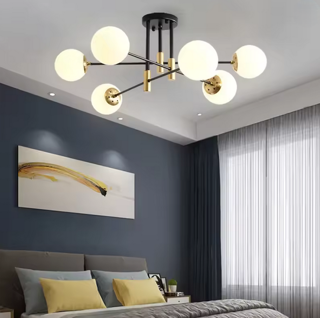 Lustr s kulatým bílým stínidlem, PENTHOUSE Lounge, 6xE27, černá / zlatá, kov