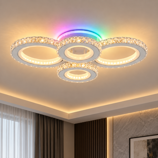 LED stropní svítidlo s dálkovým ovládáním a krystalem NOVA ROTONDA RGB 82W, 4 kruhy, studené/teplé/neutrální světlo, stmívatelné, bílá
