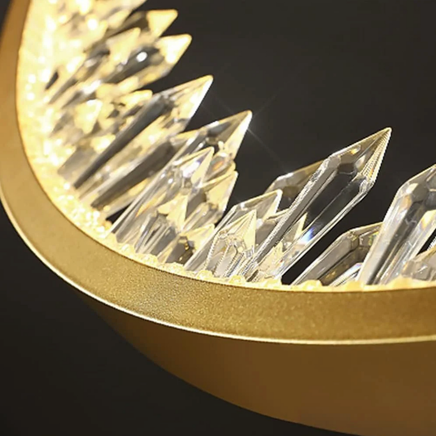 Závěsný LED lustr s dálkovým ovládáním, K9 Crystals, 27W, 1 kruh, studené/teplé/neutrální světlo, stmívatelný, zlatý, výškově nastavitelný