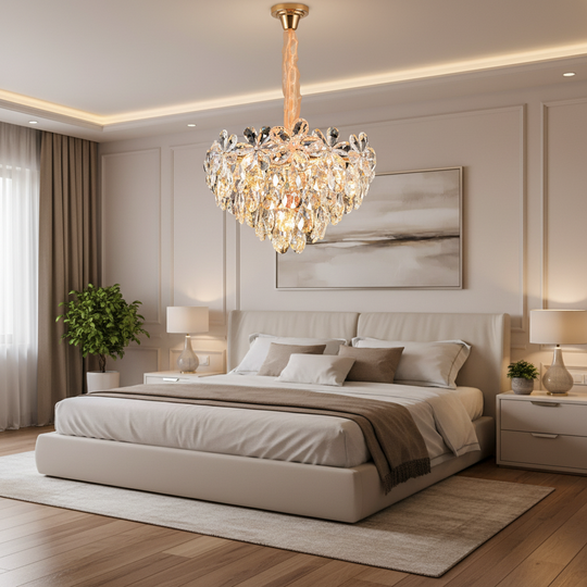 Křišťálový lustr, Elegance 7xE14, průměr 40 cm, lesklé zlato, nastavitelná výška, kov a křišťálové křišťálové lustry Výchozí název Alessandro Design