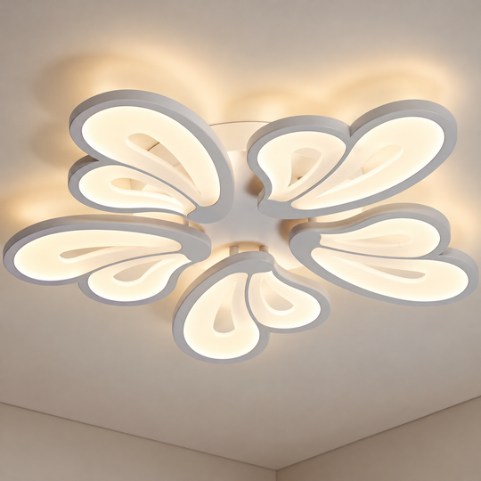 LED lustr s dálkovým ovládáním BLOSSOM 95W, 5 okvětních lístků, Studené/Teplé/Neutrální světlo 3000K/4000K/6000K, Stmívatelné, Bílá, Kov a Akryl