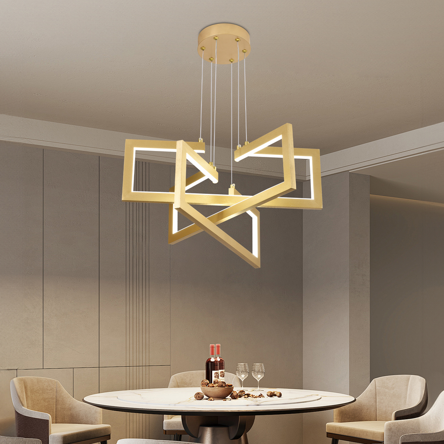 LED lustr s dálkovým ovládáním, Závěsný 73W, 3 prvky, Studené/Teplé/Neutrální světlo, Stmívatelné, Nastavitelná výška, Zlatá