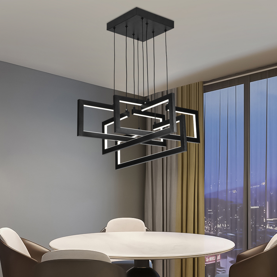 LED lustr s dálkovým ovládáním, Závěsný 98W, 4 prvky, Studené/Teplé/Neutrální světlo, Stmívatelné, Nastavitelná výška, Černá