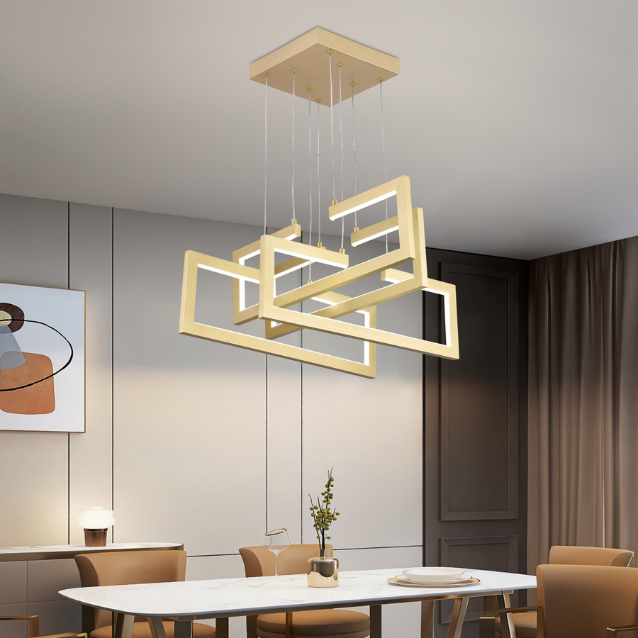 LED lustr s dálkovým ovládáním, Závěsný 98W, 4 prvky, Studené/Teplé/Neutrální světlo, Stmívatelné, Nastavitelná výška, Zlatá