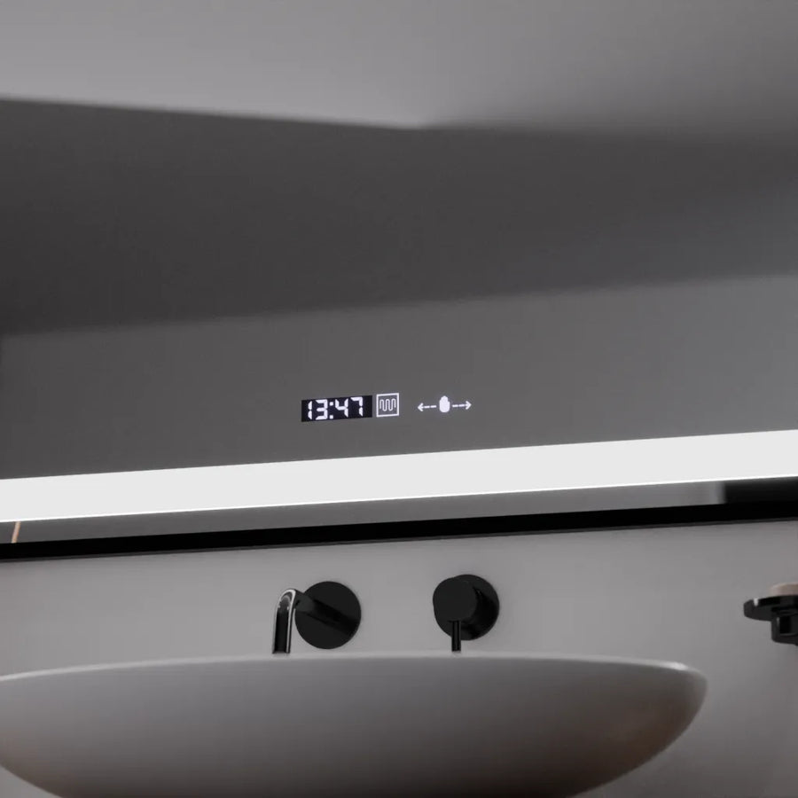 Obdélníkové LED zrcadlo, 100x70cm, Verite Majeste Noir Motion Glow Marcello, Demister System, Hodiny & Teploměr, Stmívatelné