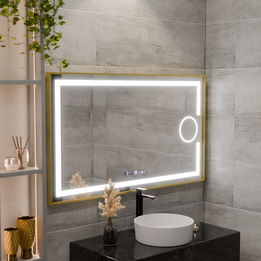 Obdélníkové LED zrcadlo, 110x65cm, Eclat MotionGlow Marcello, Demister System, Hodiny & Teploměr, Kosmetická lupa, Stmívatelné, Rám z kartáčovaného zlata
