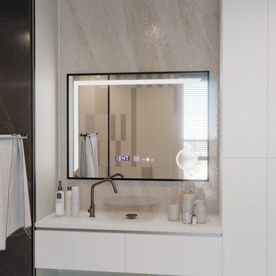 LED zrcadlo Francesca MotionGlow Snímač 80x60 cm Teplé/Studené/Neutrální světlo Stmívatelný rám Černý kartáčovaný systém odmlžování Teploměr Hodiny Marcello Funghi Collection