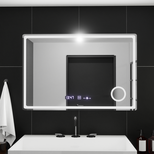 Obdélníkové LED zrcadlo, 90x60cm, Velur MotionGlow Marcello, Systém odmlžování, Hodiny & Teploměr, Kosmetická lupa, Stmívatelná zrcátka Marcello Výchozí název Alessandro Design