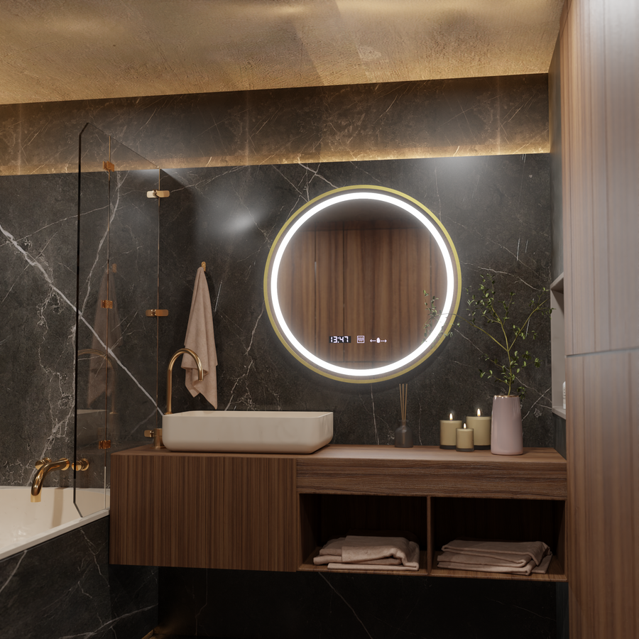 LED kulaté zrcadlo, 80 cm, Celeste Royale Gold MotionGlow Marcello, Demister System, Hodiny & Teploměr, Stmívatelné