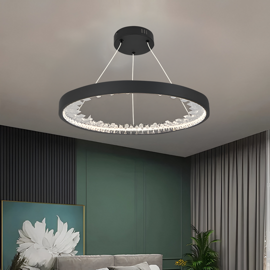 Závěsný LED lustr s dálkovým ovládáním, krystaly K9, 28W, 1 kruh, studené/teplé/neutrální světlo, stmívatelný, černý, výškově nastavitelný Moderní lustry Výchozí název Alessandro Design