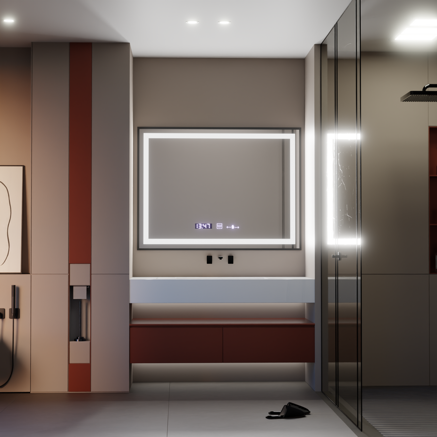 Obdélníkové LED zrcadlo, 80x60cm, Verite Majeste Noir Motion Glow Marcello, Demister System, Hodiny & Teploměr, Stmívatelné